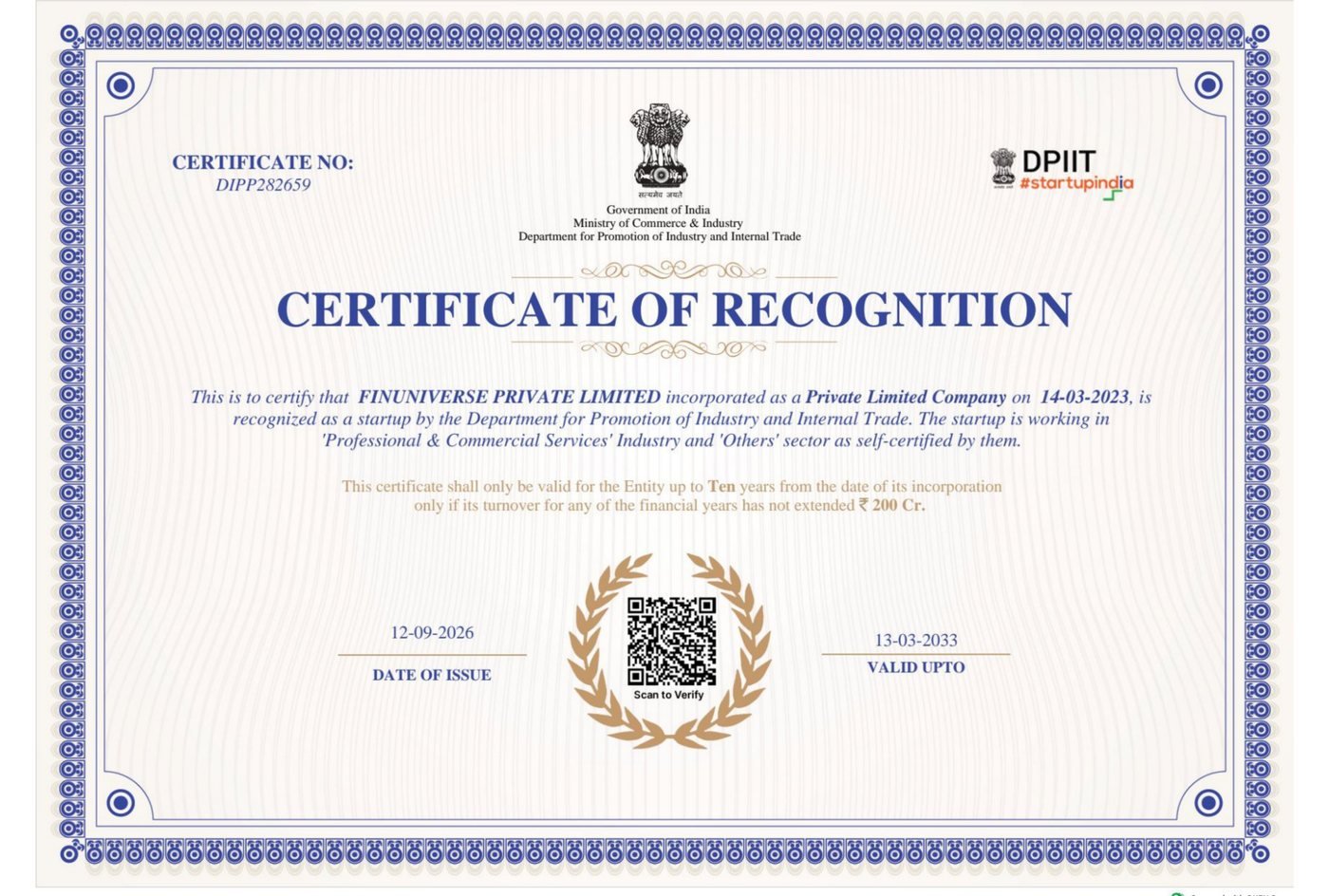 Certificate of Recognition DIPP282659 issued to FINUNIVERSE PRIVATE LIMITED by the Department for Promotion of Industry and Internal Trade, Government of India.