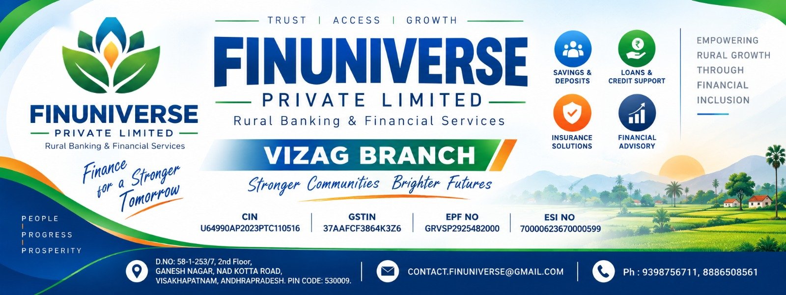 FINUNIVERSE Private Limited brand banner for the Vizag branch, showing the lotus logo, the four service pillars and the company's registration numbers.