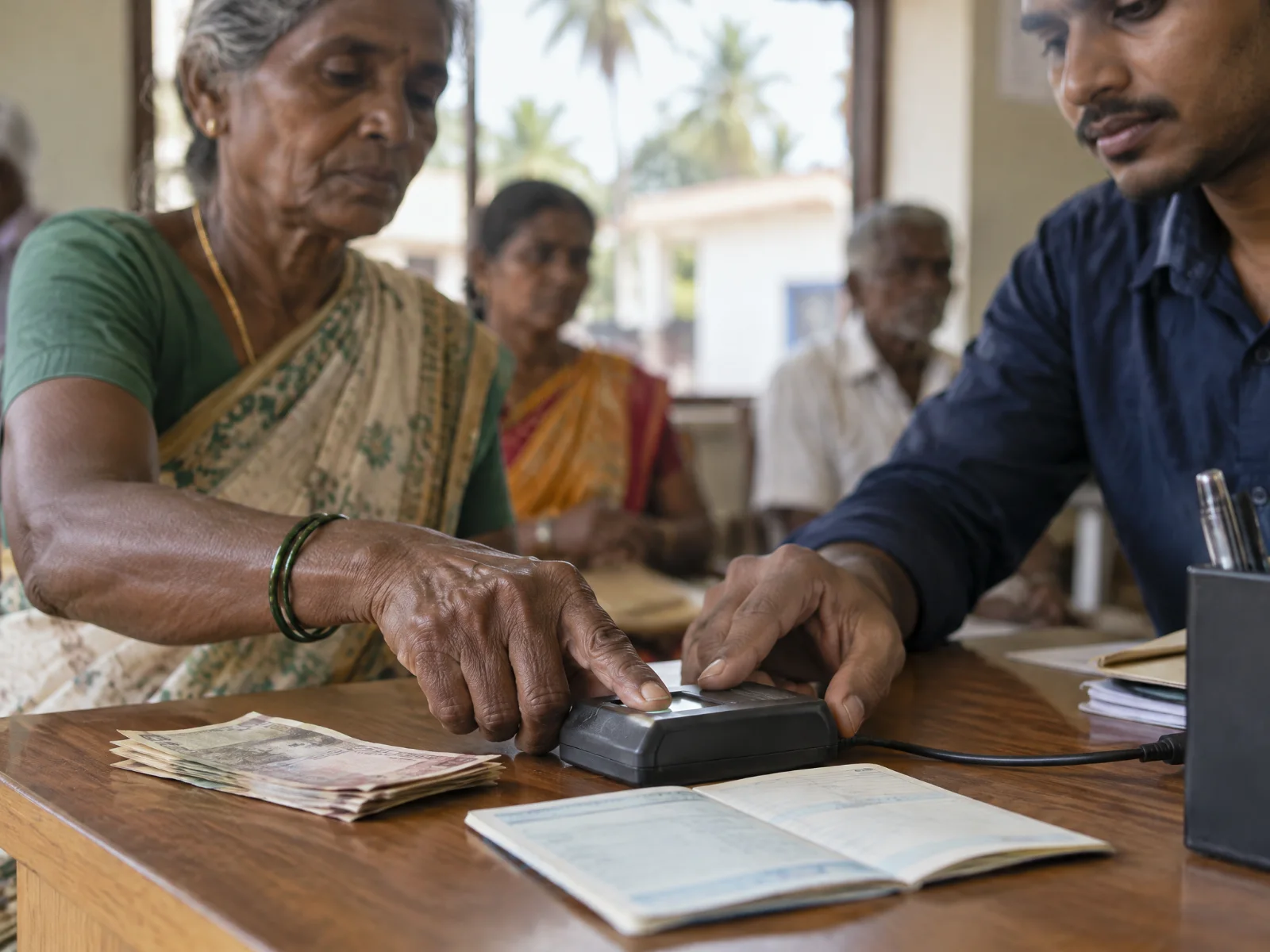 An older woman's fingertip on a biometric fingerprint scanner, a staff member's hand steadying the device beside a passbook and folded banknotes.