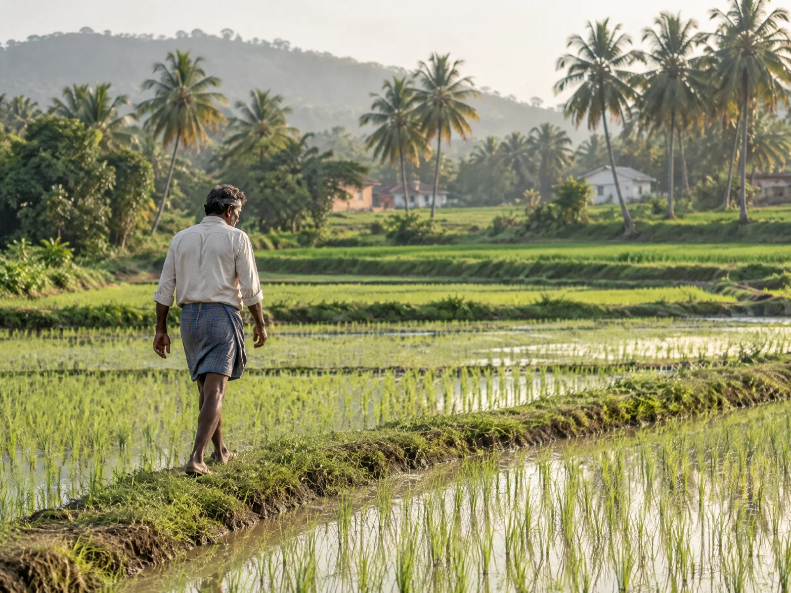 A farmer walks the narrow bund between flooded paddy fields in early morning light, young rice seedlings in neat rows.