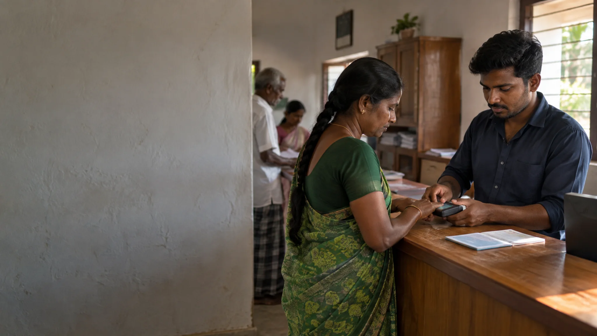 Inside a rural banking counter: a woman in a green saree rests her finger on a small biometric device held by a young staff member in a navy shirt, her passbook open on the wooden counter.