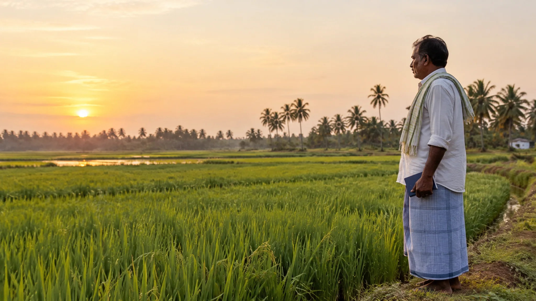 A farmer in a white shirt and lungi stands on the bund of his paddy field at golden hour, a passbook at his side, coconut palms along the far edge.