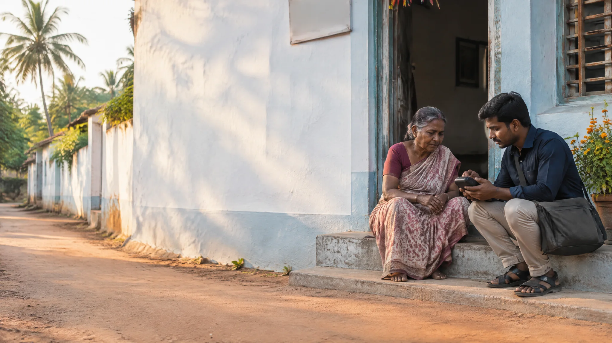 A banking agent in a navy shirt crouches beside an elderly woman on the step of her village home, a handheld device in his hand, explaining patiently.
