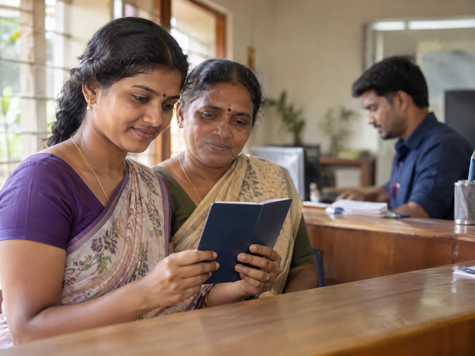 A young woman holds a new navy passbook in both hands at a banking counter, her mother beside her, a staff member softly out of focus behind.