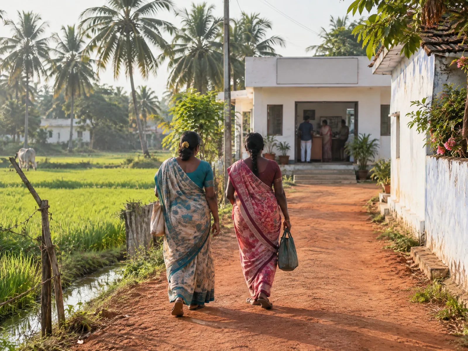 Two women walk along a red-earth village lane between paddy fields toward a small building with an open door a short way ahead.