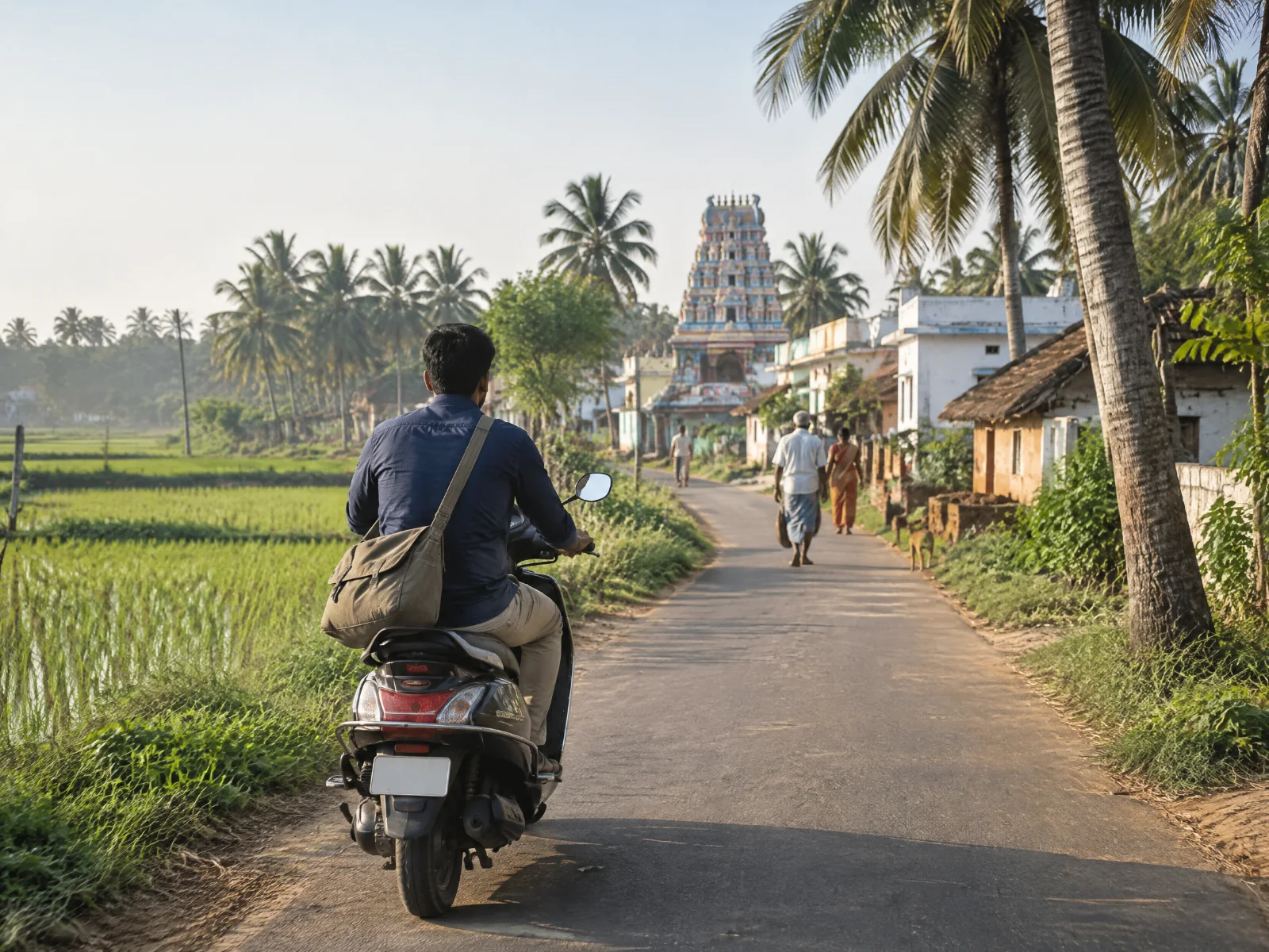 A banking agent with a canvas shoulder bag rides a scooter along a narrow road between paddy fields, a village and temple tower ahead.