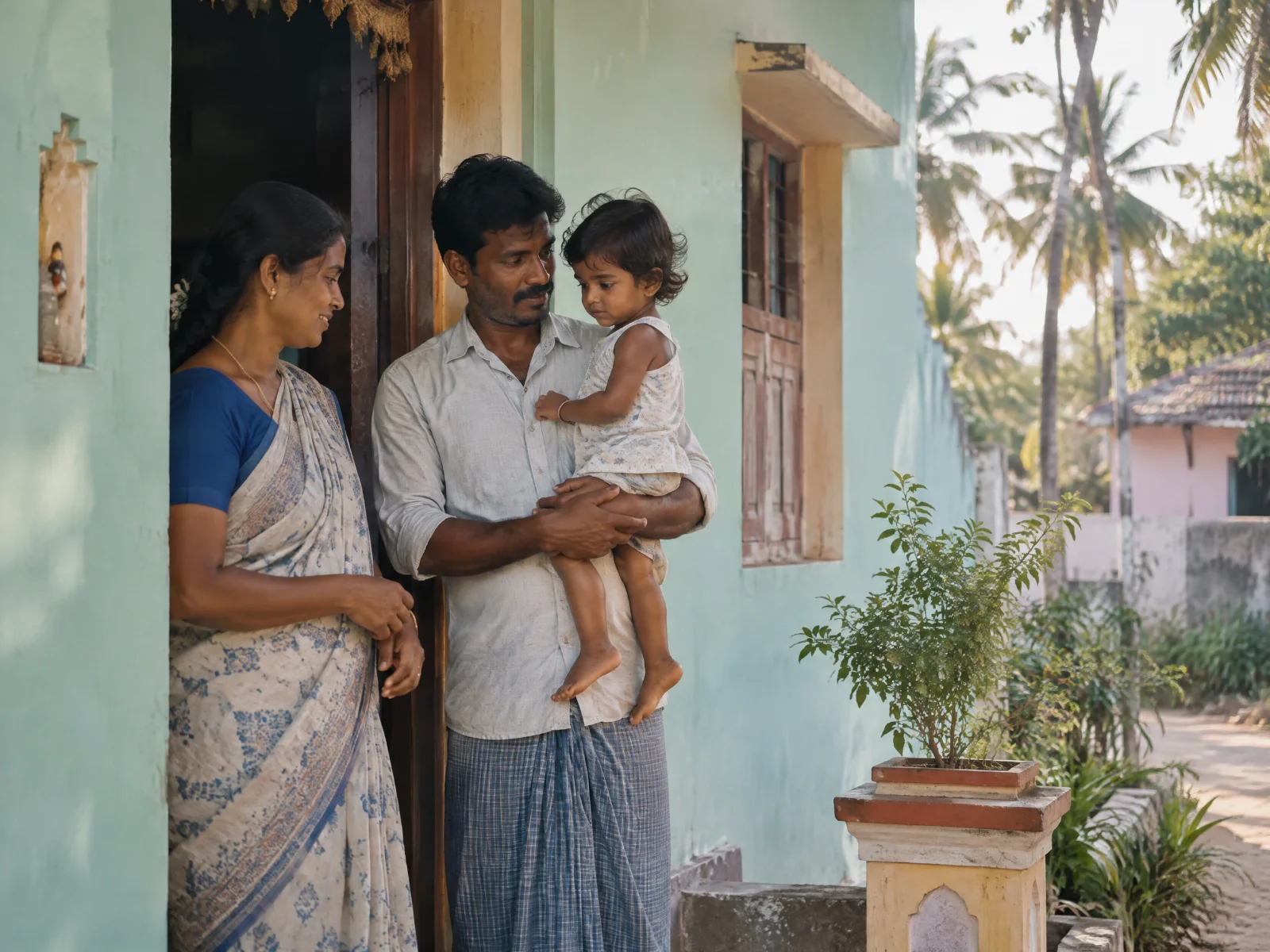 A young family — mother, father and a small child — stand together in the doorway of their pastel-painted village home in late-afternoon light.